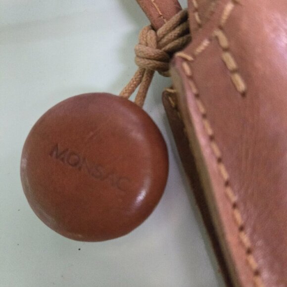 Monsac Vintage Brown Leather Double Handle Logo Bag Charm Tote Shoulder Bag - Picture 5 of 8